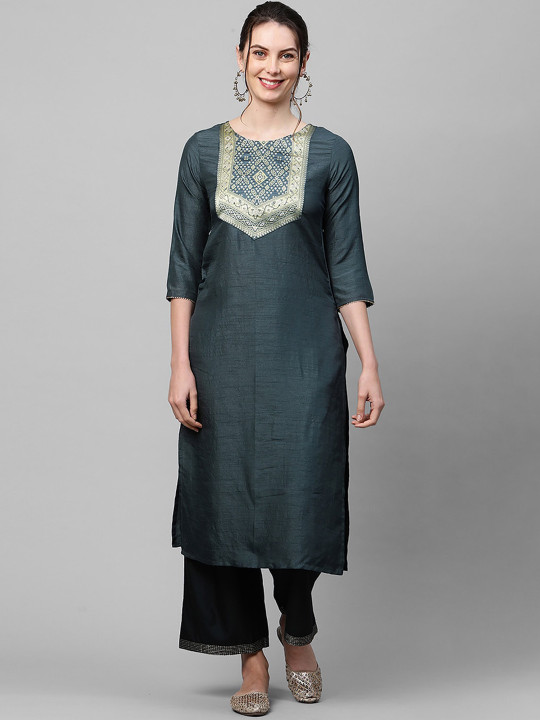 Indo Era Women Grey Yoke Design Keyhole Neck Thread Work Kurta