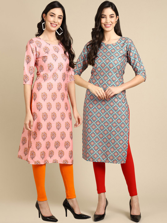 7Threads Women Pack of 2 Pink & Blue Floral Printed Crepe Kurta