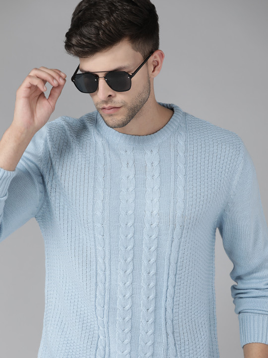 Roadster Men Blue Cable Knit Pullover