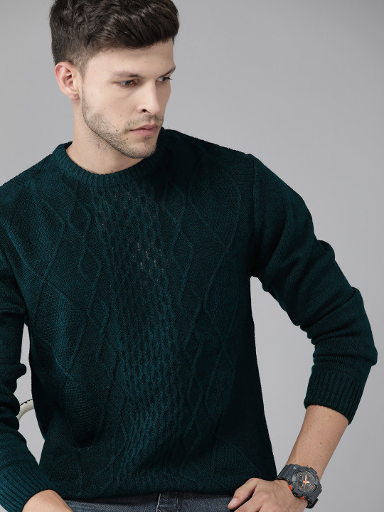 Roadster Men Teal Green Self Design Pullover