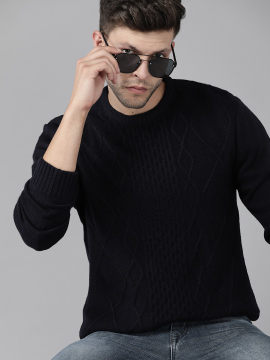 Roadster Men Navy Blue Self Design Pullover