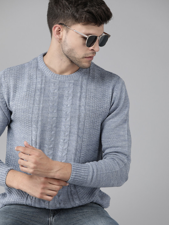 Roadster Men Blue Self Design Pullover