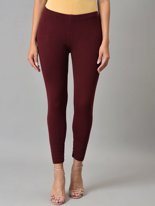 W Women Maroon Solid Ankle-Length Acrylic Leggings