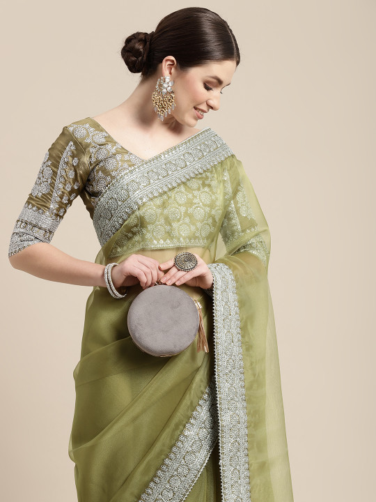 VAIRAGEE Solid Sequinned Detail Organza Celebrity Saree