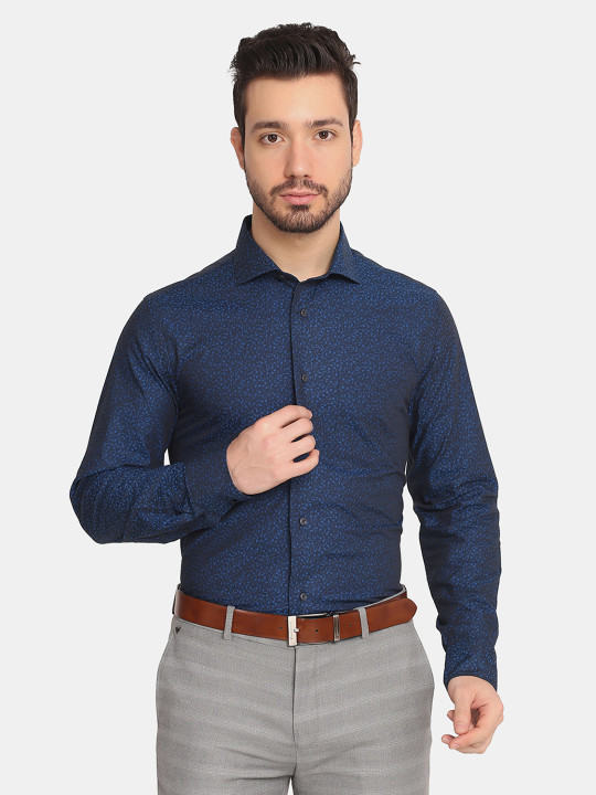 Blackberrys Men Blue Slim Fit Floral Printed Cotton Formal Shirt