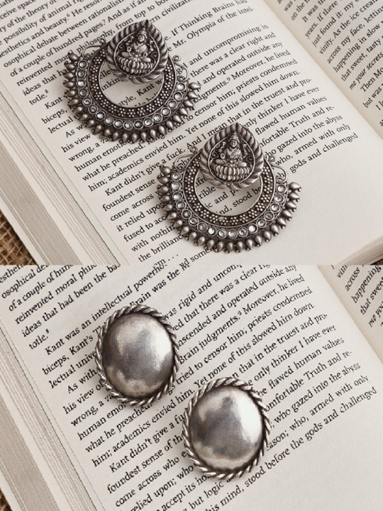 VENI Set Of 2 Silver-Plated Oxidised Contemporary Drop Earrings