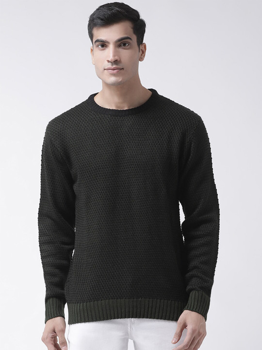 Club York Men Black & Green Cable Knit Pullover