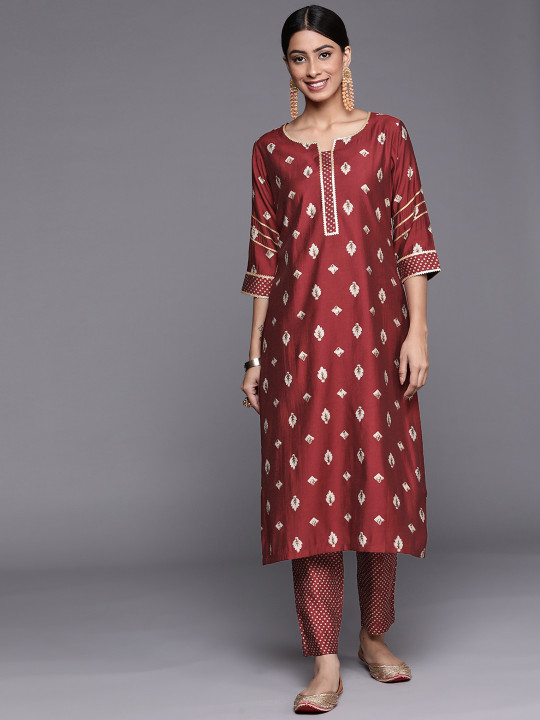 Gerua By Libas Women Maroon & Beige Floral Printed Gotta Patti Kurta