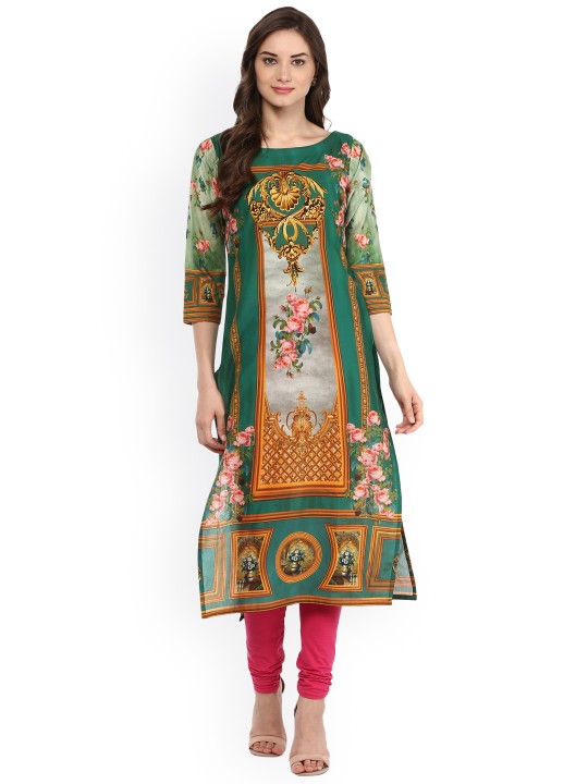 Women Green Printed Straight Kurta S