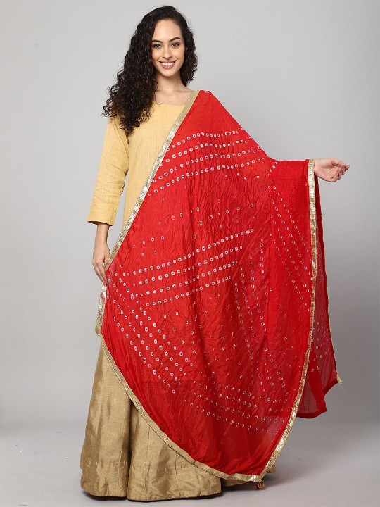 Aditi Wasan Red & White Printed Bandhani Dupatta with Gotta Patti