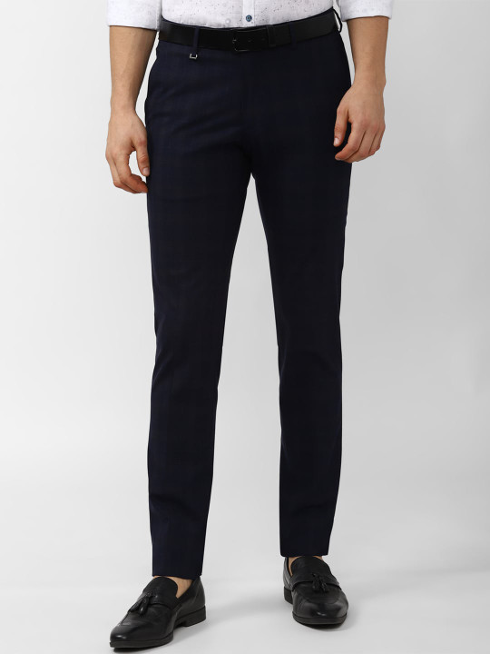 Van Heusen Men Navy Blue Checked Slim Fit Trousers