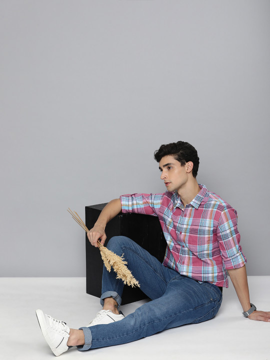 HERE&NOW Men Pink & Blue Slim Fit Checked Pure Cotton Casual Shirt