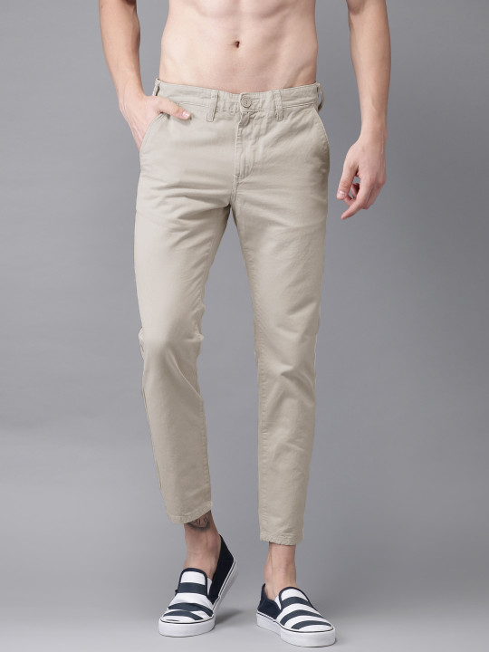 Men Beige Slim Fit Solid Chinos 36
