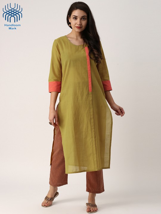 Women Mustard Yellow Solid Handloom Mangalgiri Straight Kurta S