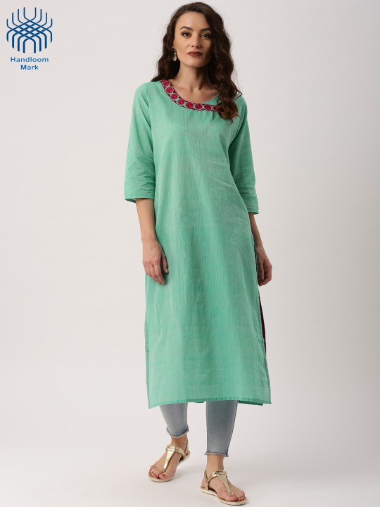 Women Green Handloom Mangalgiri Solid Straight Kurta S