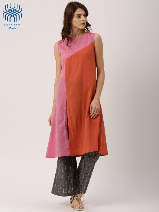 Women Orange & Pink Mangalgiri Cotton Handloom A-Line Kurta S