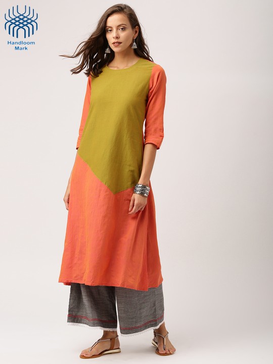 Women Orange & Green Mangalgiri Cotton Handloom Colourblocked Kurta S