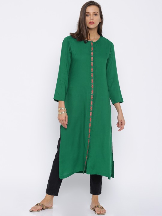 Women Green Solid Straight Kurta S