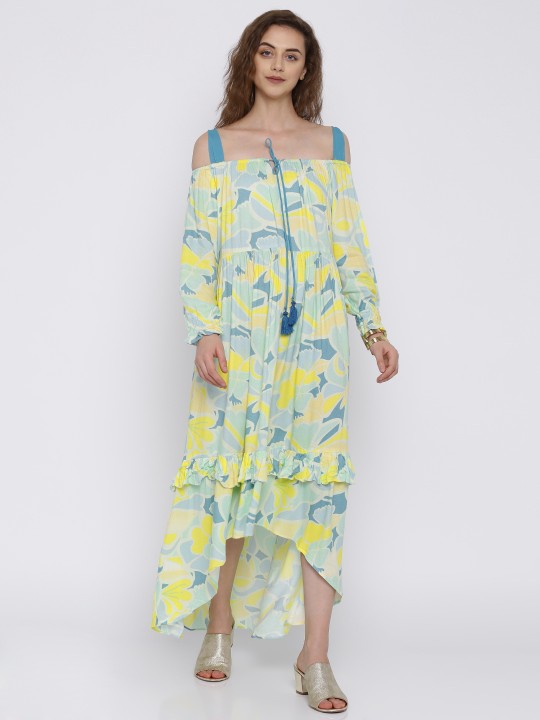 Women Yellow Printed Empire Dress S