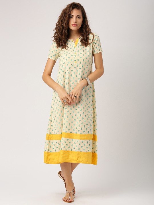 Women Cream & Green Printed A-Line Dress S