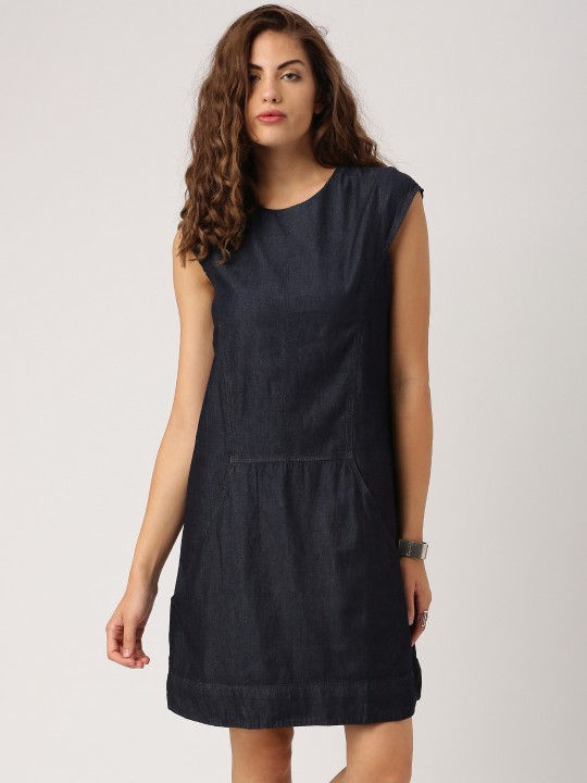 Women Navy Solid Denim A-Line Dress S