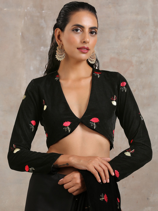 trueBrowns Black & Red Printed Saree Blouse