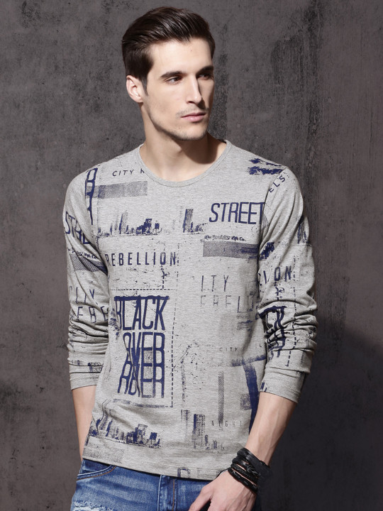 Roadster Men Grey Melange All-Over-Printed T-shirt