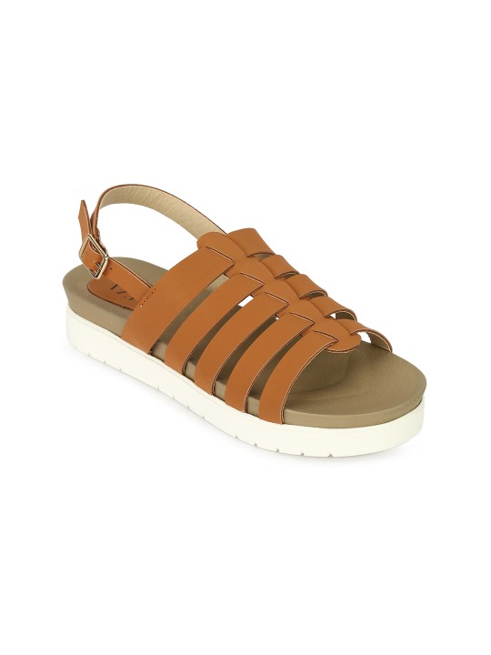 Women Tan Brown Solid Synthetic Open Toe Flats 36
