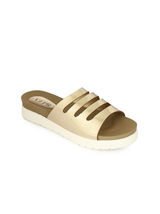 Women Gold-Toned Solid Synthetic Open Toe Flats 36