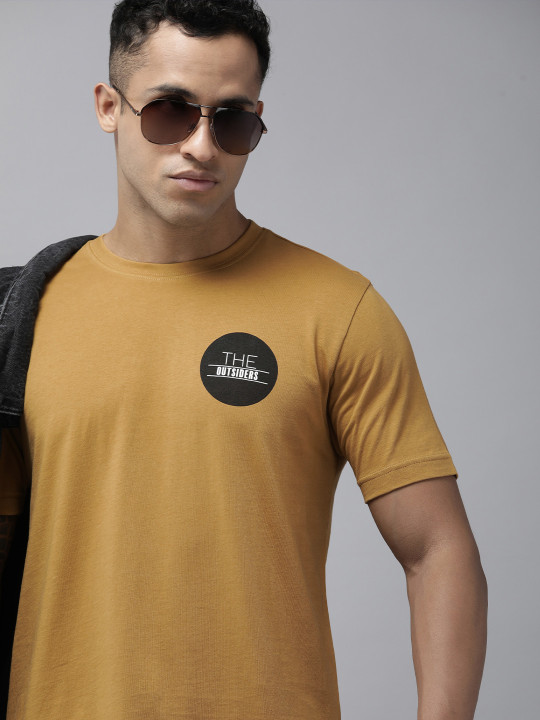Roadster Men Mustard Brown Brand Logo Printed Pure Cotton T-shirt