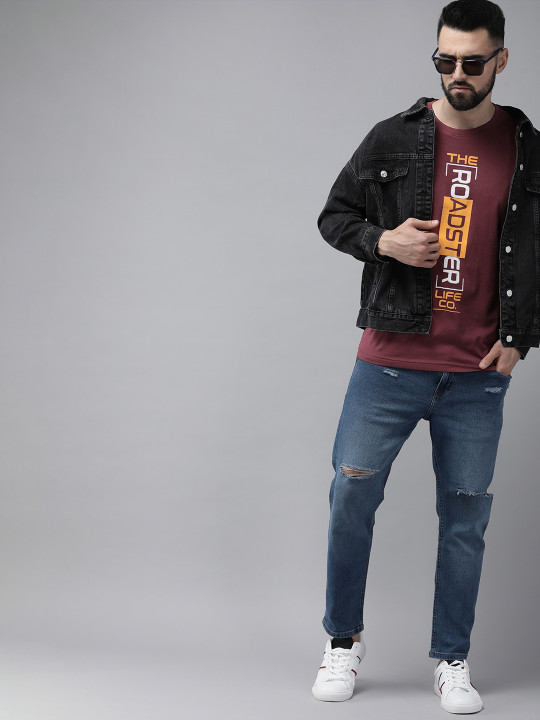 Roadster Men Burgundy & White Brand Logo Printed Pure Cotton T-shirt