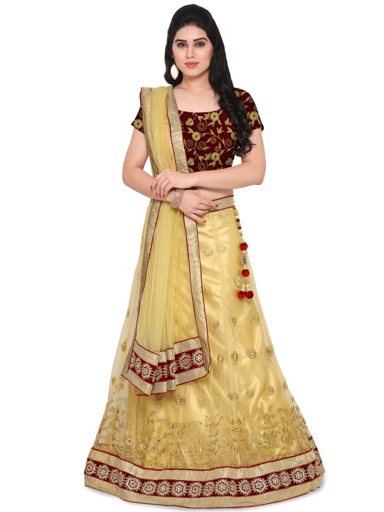 Cream-Coloured & Maroon Embroidered Semi-Stitched Lehenga Choli with Dupatta