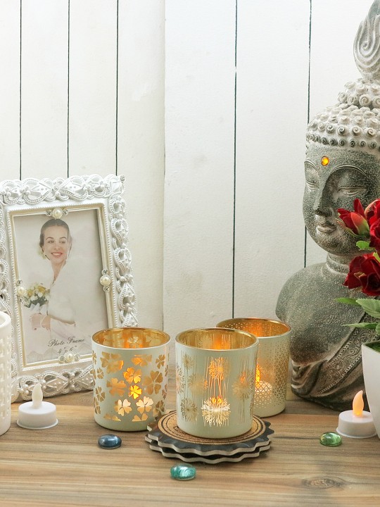 Set of 3 White & Gold-Toned Glass Patterned Flickering Votives
