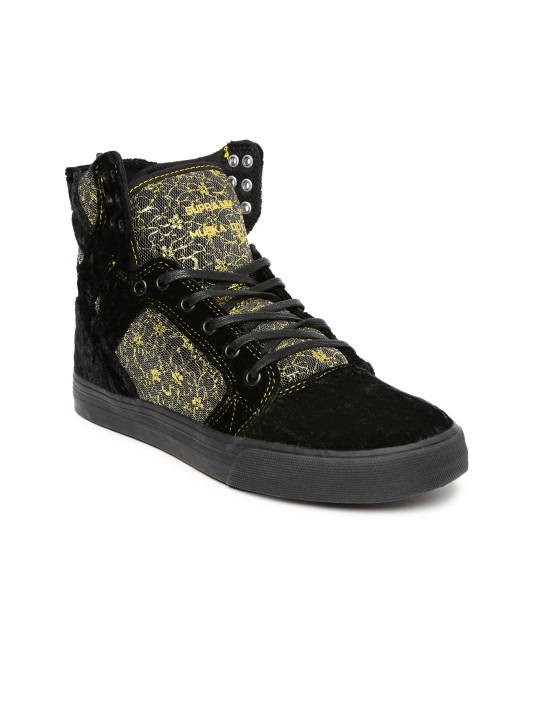 Women Black Woven Design Textile High-Top Skate Shoes 3