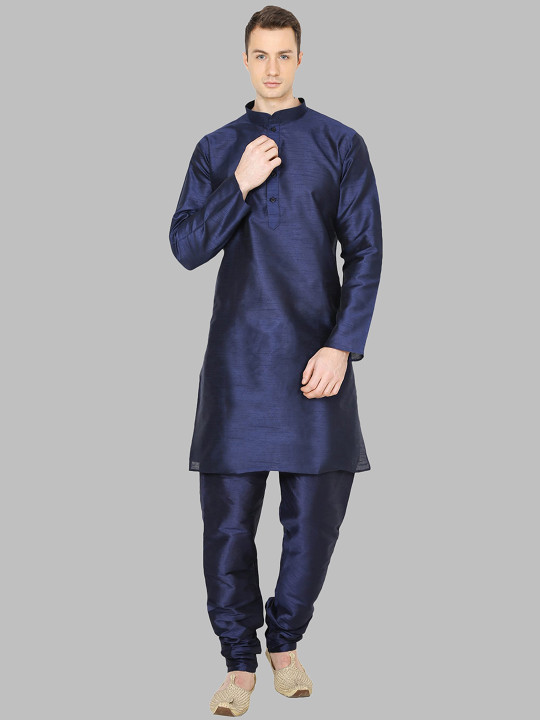 ROYAL KURTA Men Navy Blue Solid Dupion Silk Kurta with Churidar