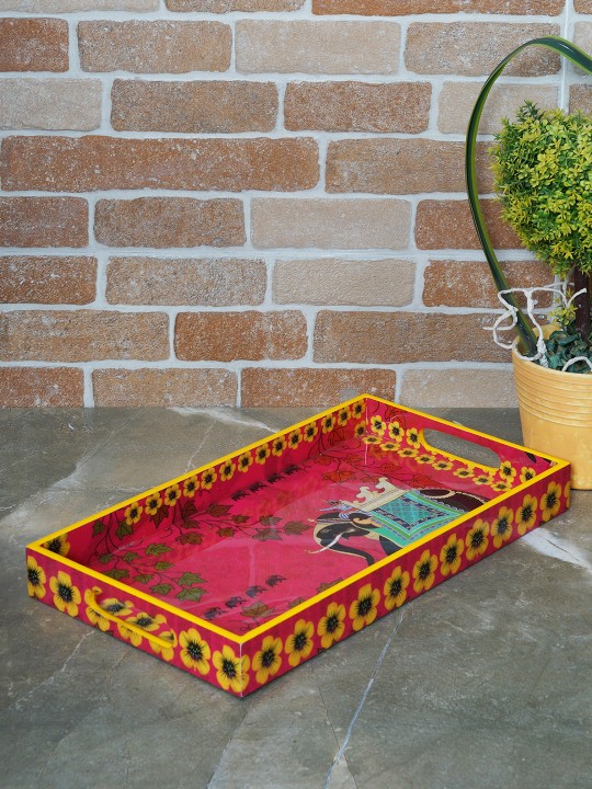 Pink & Yellow Handcrafted Printed Rectangular MDF Serving Tray