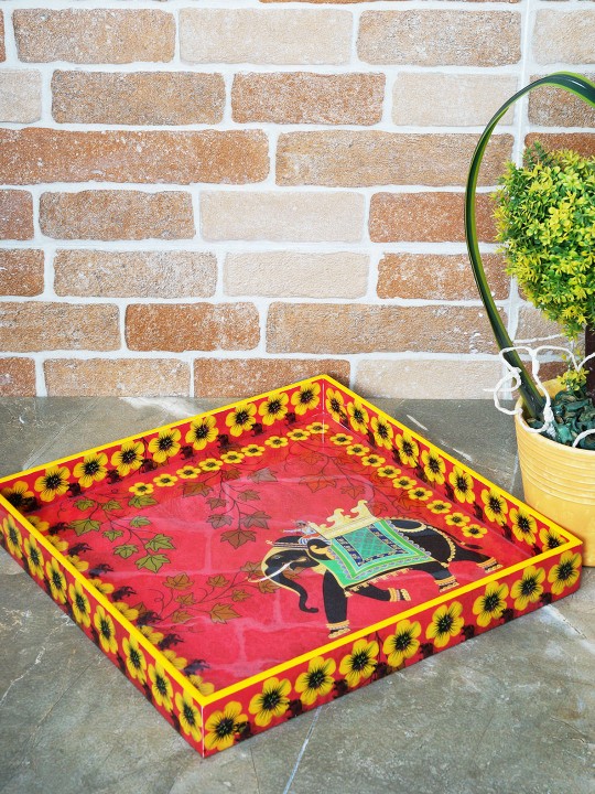 Pink & Yellow Single Printed Handcrafted Square Tray