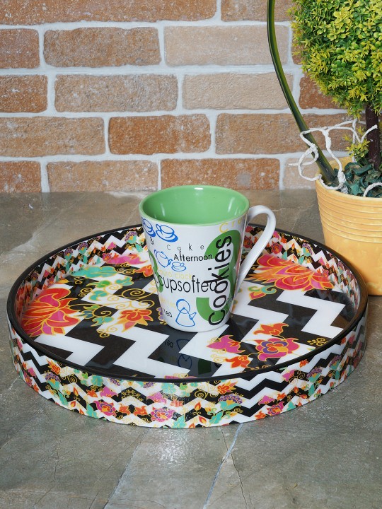 Multicoloured Printed Round MDF Handcrafted Serving Tray