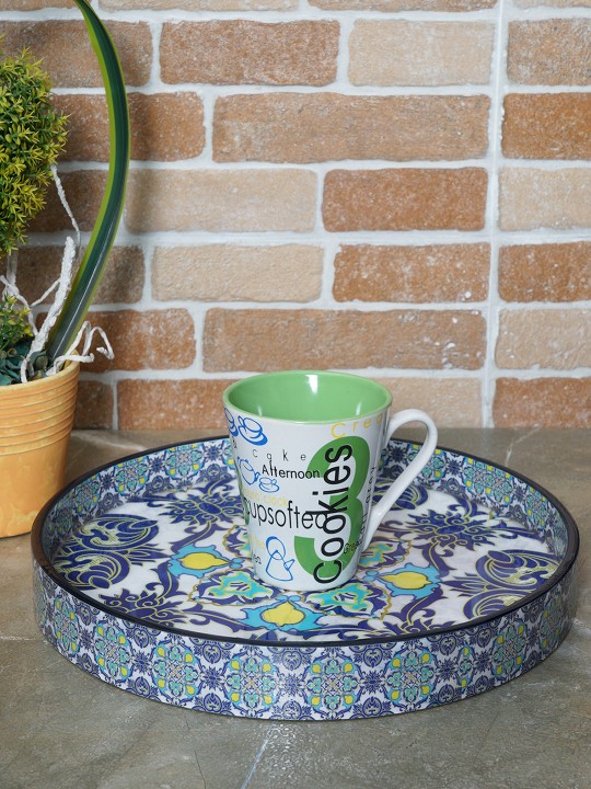 Blue & White Printed Handcrafted Circular MDF Serving Tray
