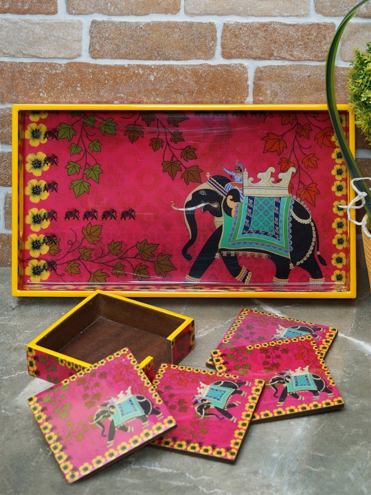 Pink & Yellow Printed Handcrafted Rectangular Serving Tray with Coasters