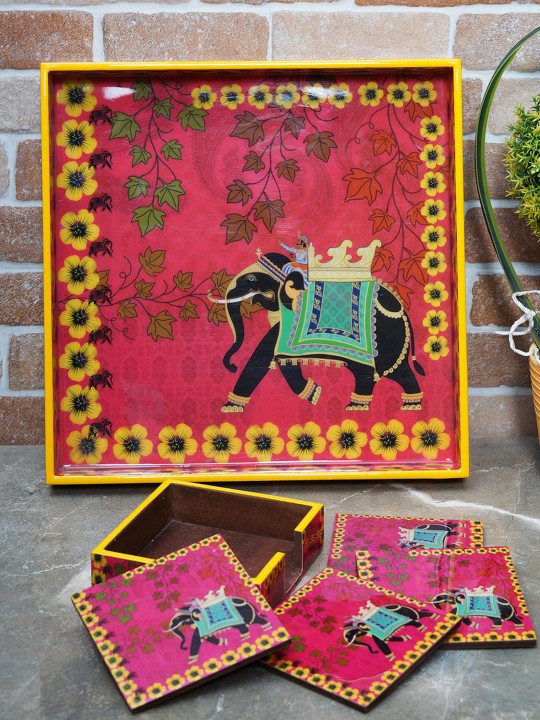 Pink & Yellow Printed Handcrafted Square Serving Tray with Coasters