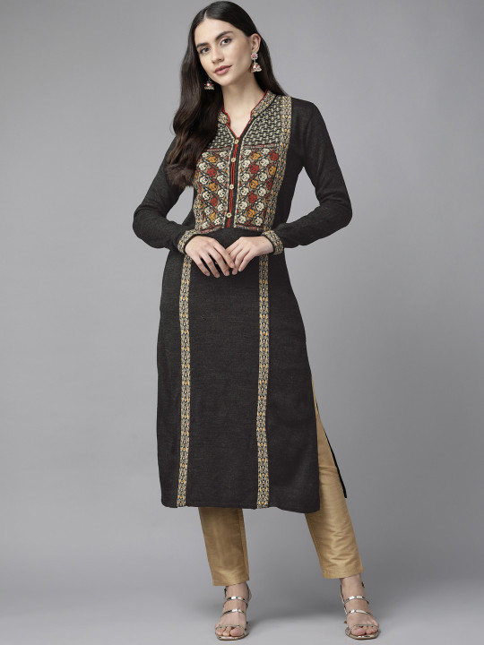 Cayman Women Ethnic Motifs Woven Design Knitted Woolen Kurta