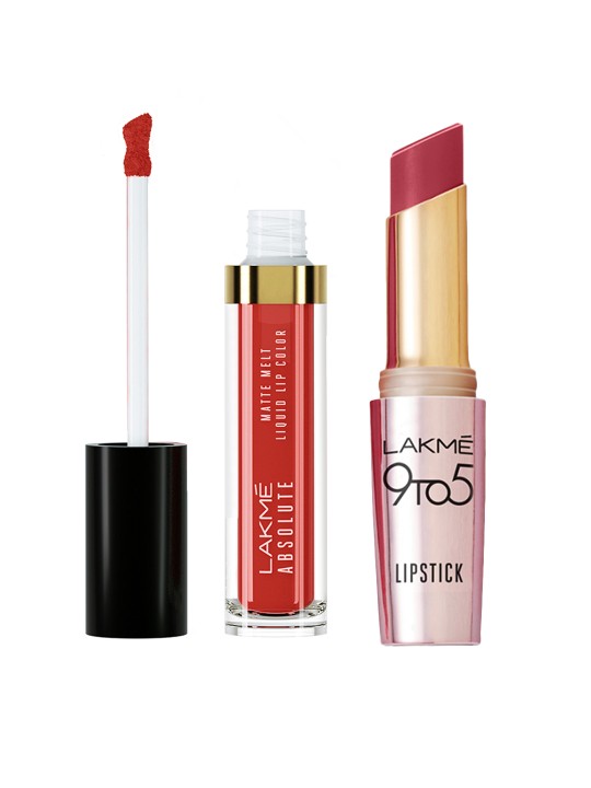 Lakme 9 to 5 Primer+Matte-Rosy Sunday & Absolute Matte Melt Liquid Lip Color-Rhythmic Red