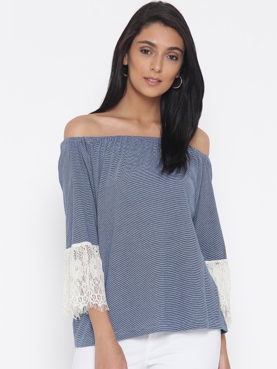 Women Navy Blue Striped Bardot Top XXL
