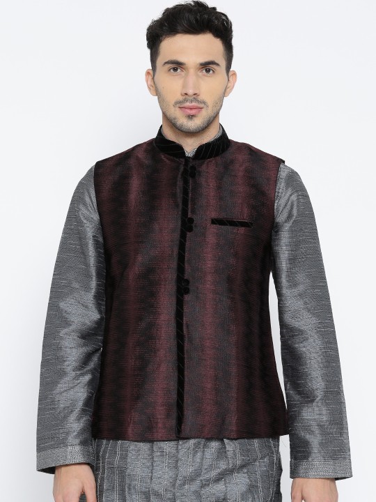 Black & Burgundy Patterned Nehru Jacket M