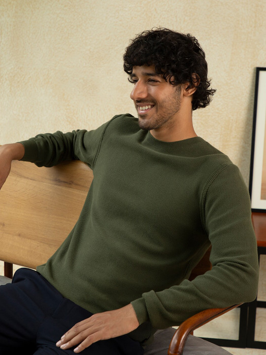Andamen Men Olive Green Solid Long Sleeves Ribbed Hemline Cotton Pullover Sweater