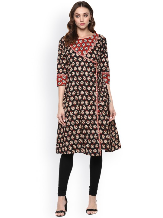 Women Black Printed Angrakha Kurta S