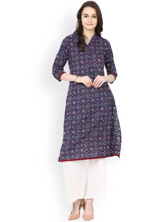 Women Navy Blue Printed Straight Kurta S