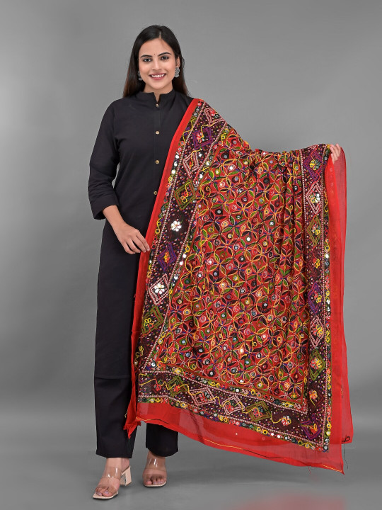 Apratim Women Red & Purple Ethnic Motifs Embroidered Mirror Work Cotton Blend Dupatta