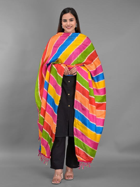 Apratim Pink & Blue Printed Leheriya Dupatta